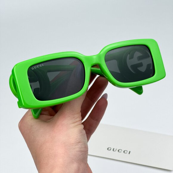 Gucci GG1325S 009 BRAND NEW Sunglasses Acid Green Grey Rectangle Unisex - Picture 2 of 12